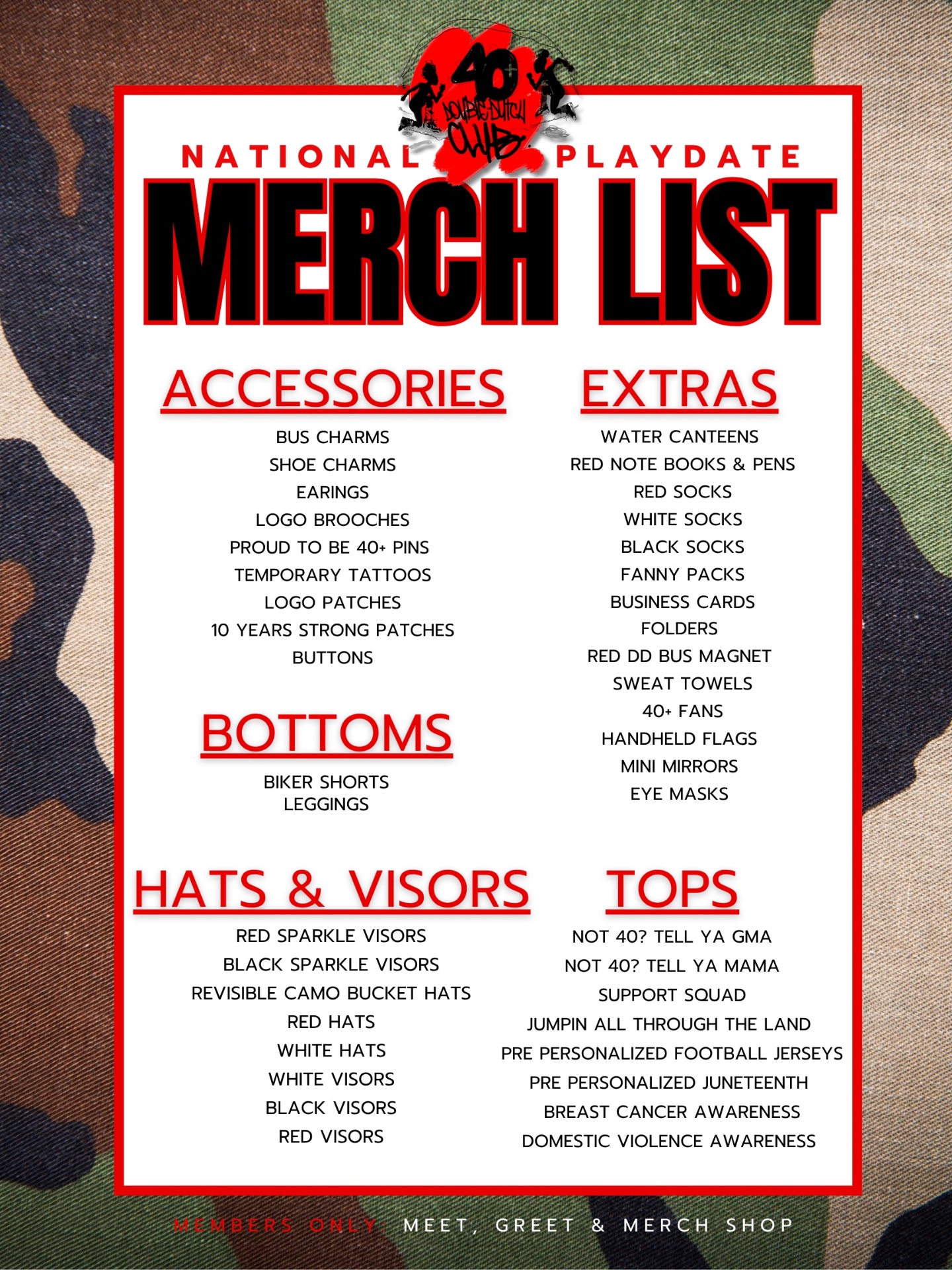 National Playdate Merch List — accessories, bottoms, hats & visors, extras, and tops available at the members-only Friday pop-up shop