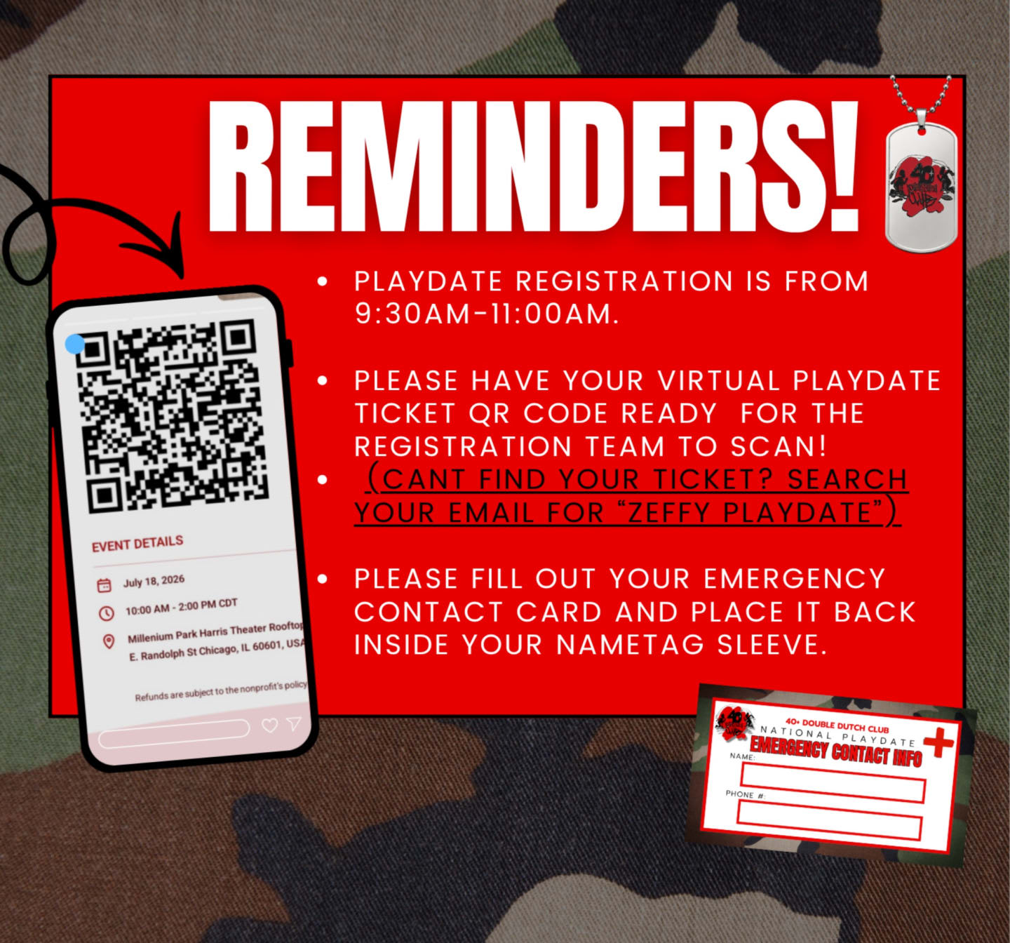 Day-of reminders: registration 9:30–11:00 AM, have your ticket QR ready, fill out your emergency contact card